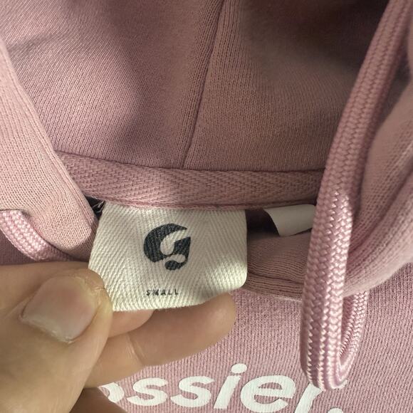 Glossier Pink Logo Hoodie Small Smiley Back Graphic Pullover Sweatshirt - Picture 5 of 8